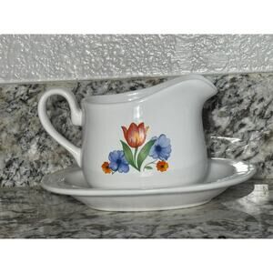 VINTAGE Corelle Coordinates Gravy Boat and Underplate floral "Fresh Cut" pattern